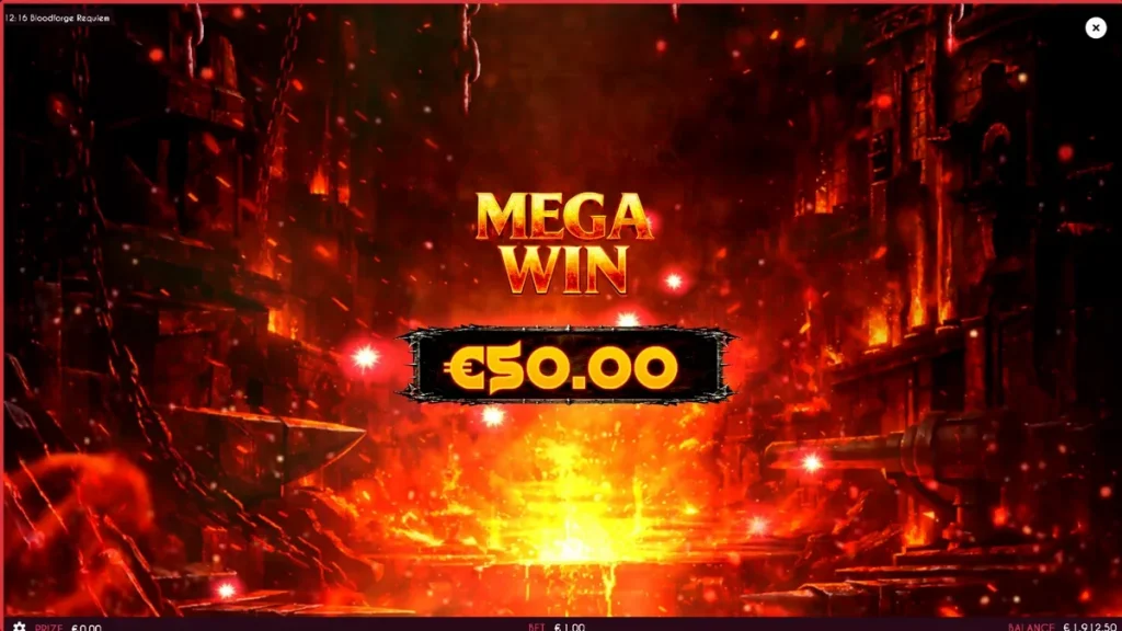 Tampilan utama slot Bloodforge Requiem dengan tema pandai besi fantasi gelap dan api