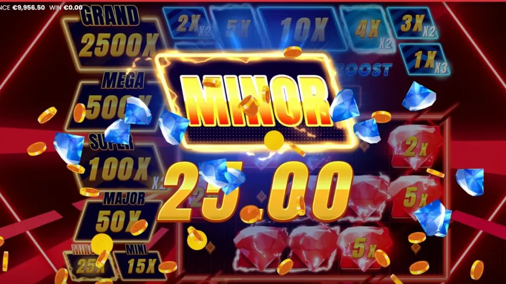 Tampilan visual neon futuristik dari slot Triple Cash Boost dengan simbol buah dan berlian yang bersinar.