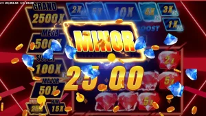 Tampilan visual neon futuristik dari slot Triple Cash Boost dengan simbol buah dan berlian yang bersinar.