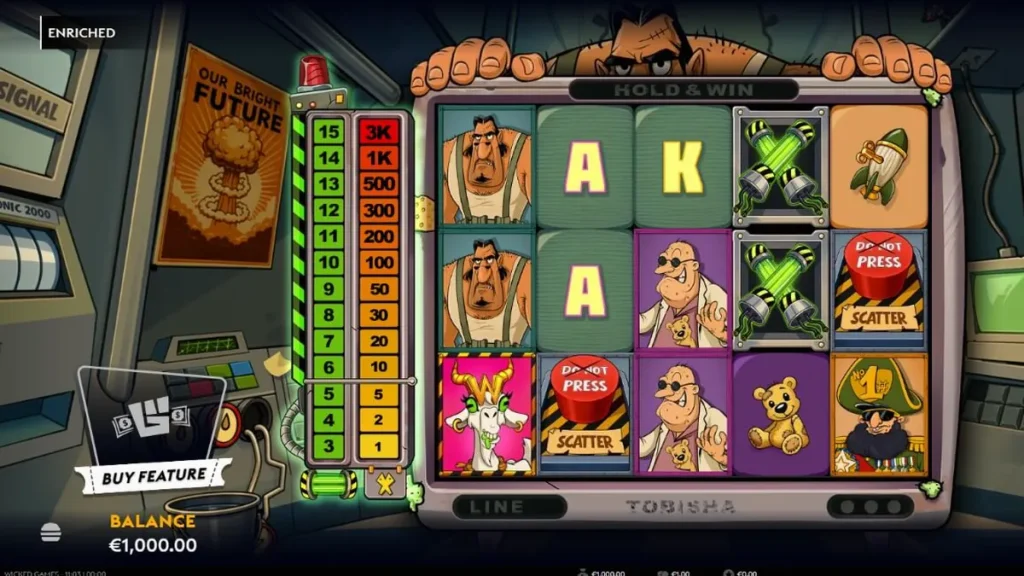 Tampilan visual slot Enriched dengan tema nuklir dan retro-futuristik